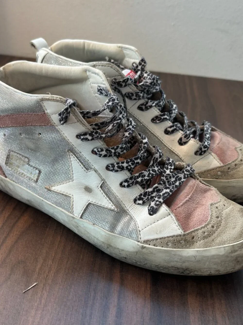 Vintage Golden Goose Womens Pink and Silver Mid Star Sneakers with glitter